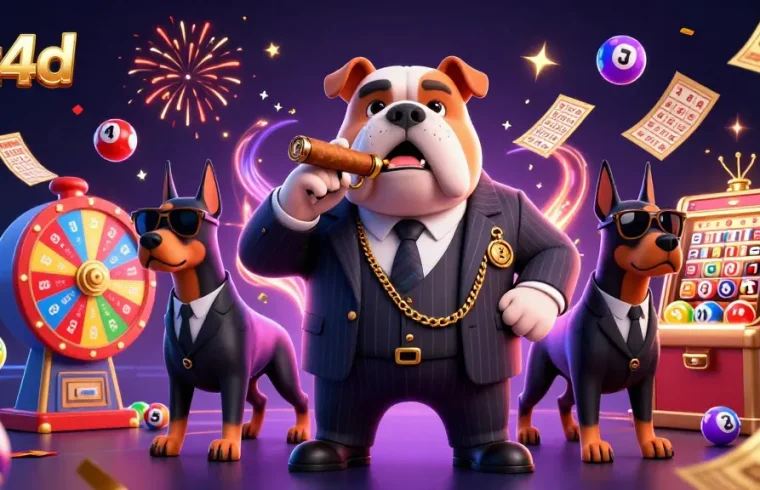 Experience thrilling excitement with irit4d as a mafia bulldog character presides over lottery games amidst vibrant elements.