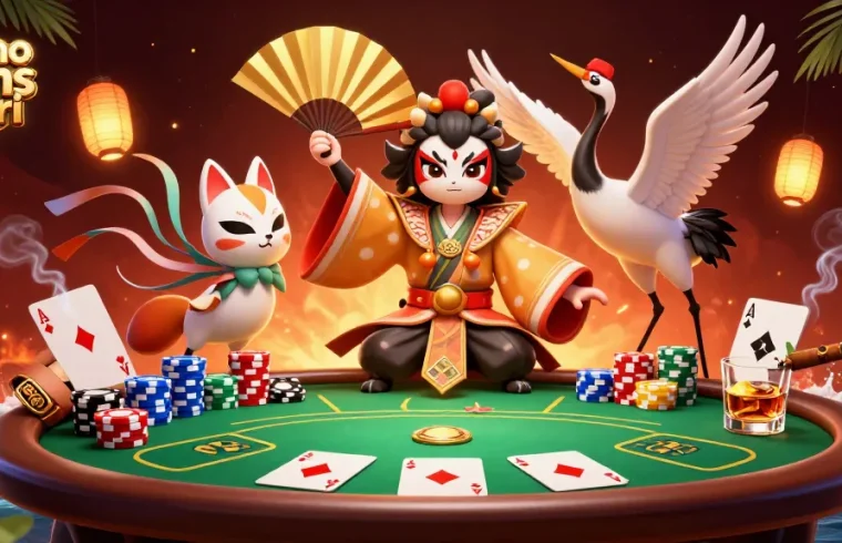 Illustrazione 3D di un guerriero kabuki e una maschera kitsune ai tavoli, casino non AAMS sicuri.
