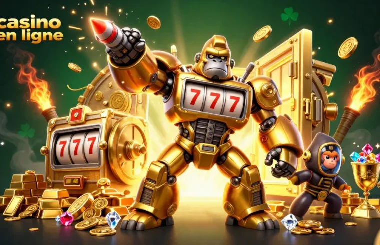 Gagnez de l'argent sur un casino en ligne interactif avec un gorille robot en or.