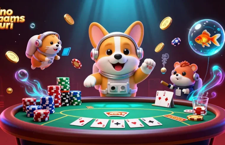 Giocando nei casinò non AAMS sicuri, un corgi astronauta fluttua in un casinò spaziale circondato da gettoni e monete.