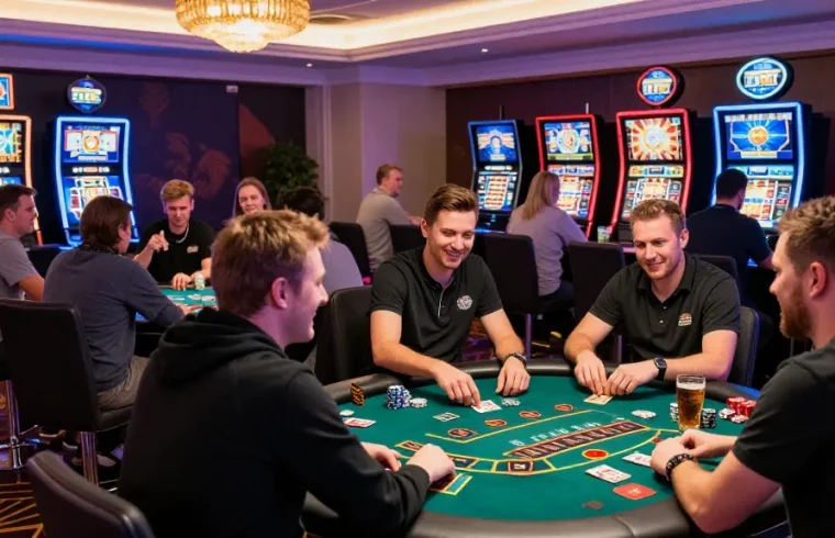 Thegbhouse.co.uk showcases a lively credit card casino scene with players enjoying table games and slots, highlighting the excitement and atmosphere of online gambling.