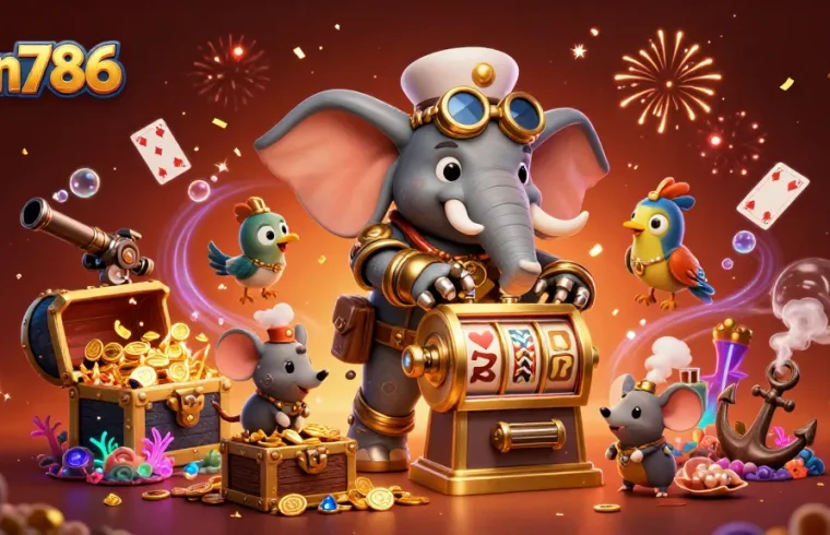 Win786's engaging steampunk elephant slots scene with vibrant casino elements and animations.