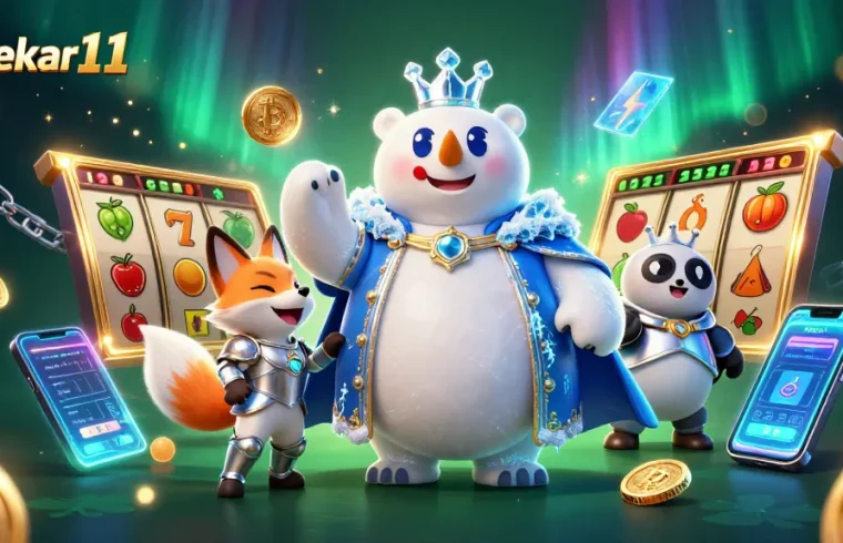Engage with mekar11 as the ice king and fox champions spin slot machines in a vibrant fantasy casino scene.