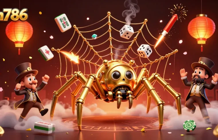 Win786's captivating casino scene with a steampunk spider and vibrant game elements