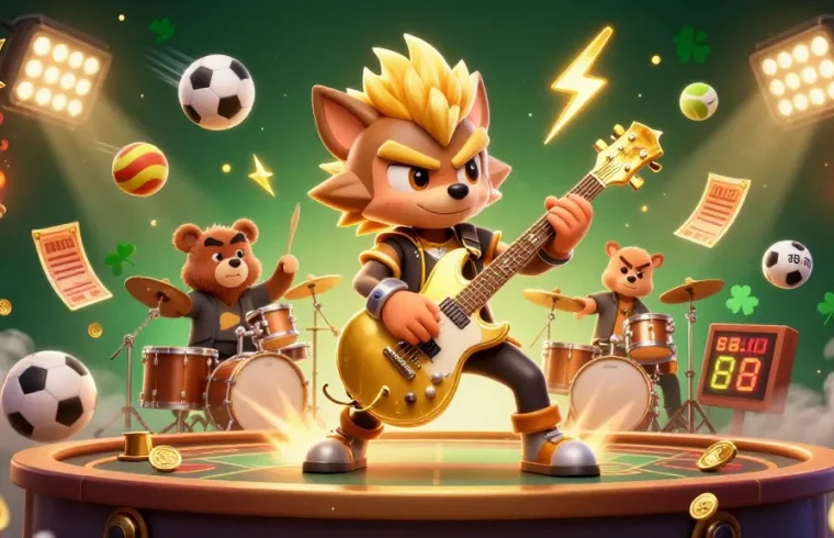O8 engages players with a dynamic casino scene featuring a rock star wolf and a bear drummer.