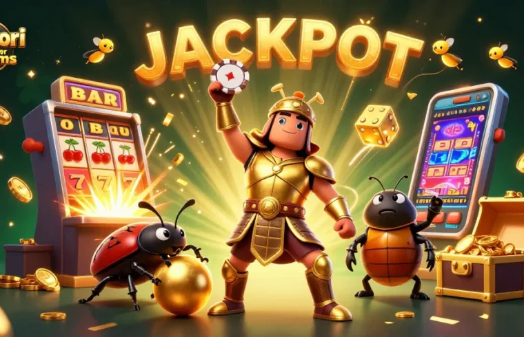 Migliori bookmaker non AAMS: eroe scarabeo vittorioso con gettoni sullo sfondo di jackpot e macchine slot.