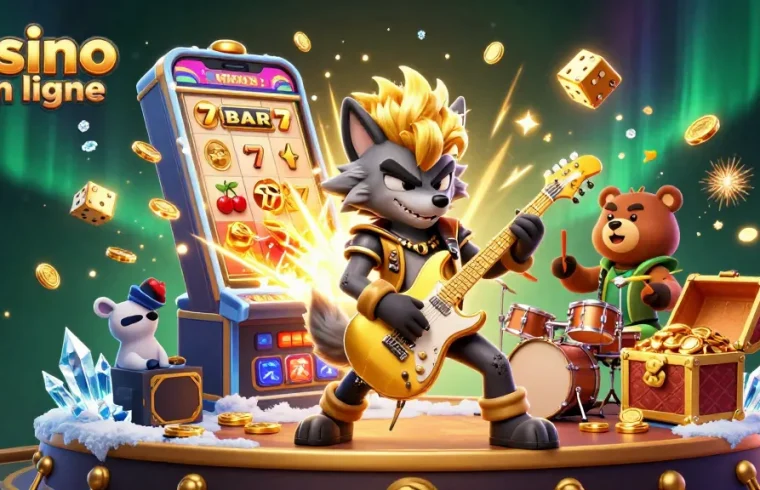 Jouer dans un casino en ligne avec le loup rock star et un ours batteur, entourés de machines à sous.
