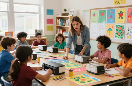 Students using poster printers for schools to create vibrant educational materials in a bright classroom.