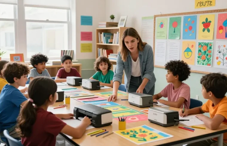 Students using poster printers for schools to create vibrant educational materials in a bright classroom.