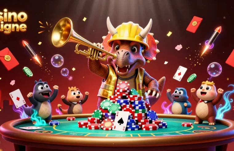 Les jeux de casino en ligne illustrés avec un triceratops et des éléments festifs.