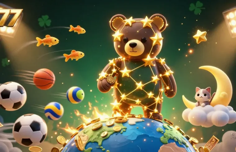 At77 showcases thrilling gameplay with a constellation bear, sports elements, and golden trophies.