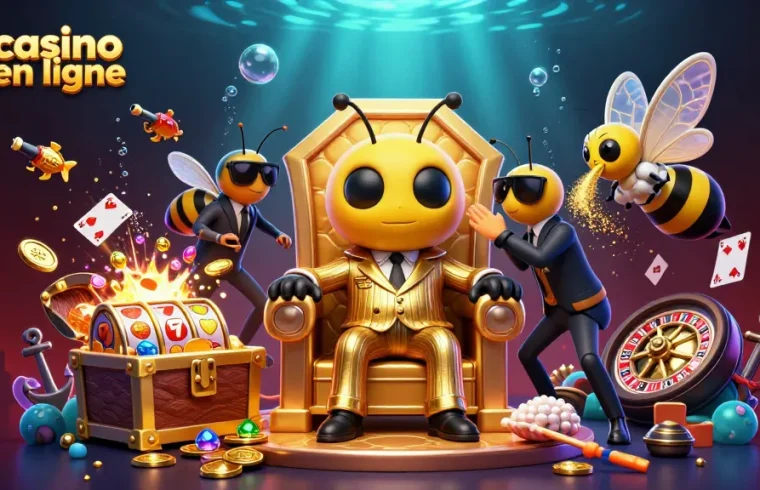 Plongez dans l'univers du casino en ligne avec des personnages animés entourés de machines à sous et de cartes.