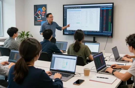 Engaged students in an online trading institute classroom analyzing stock market data.
