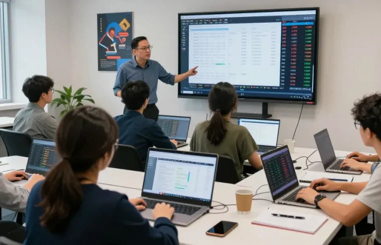 Engaged students in an online trading institute classroom analyzing stock market data.