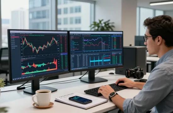 Trader analyzing live market data on mt5 platform in a modern office.