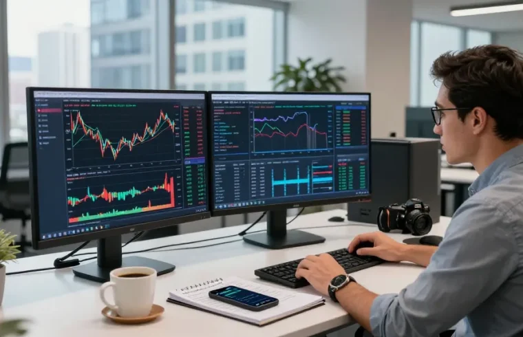 Trader analyzing live market data on mt5 platform in a modern office.
