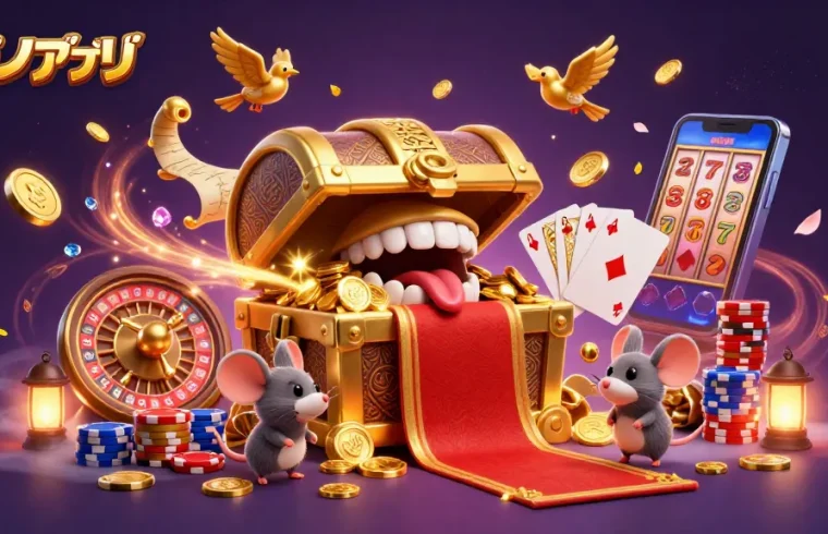 カジノアプリで冒険者マウスを魅了する金色の宝箱のイラスト。