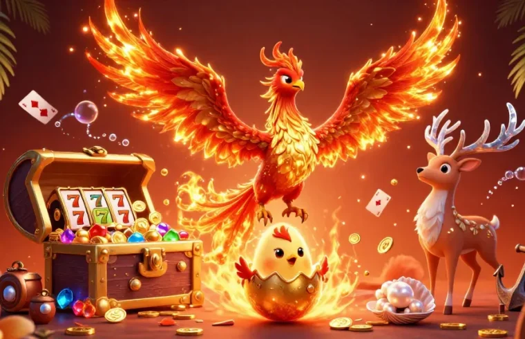 Jouez au casino en ligne avec une illustration dynamique de machines à sous et un phoenix flamboyant.