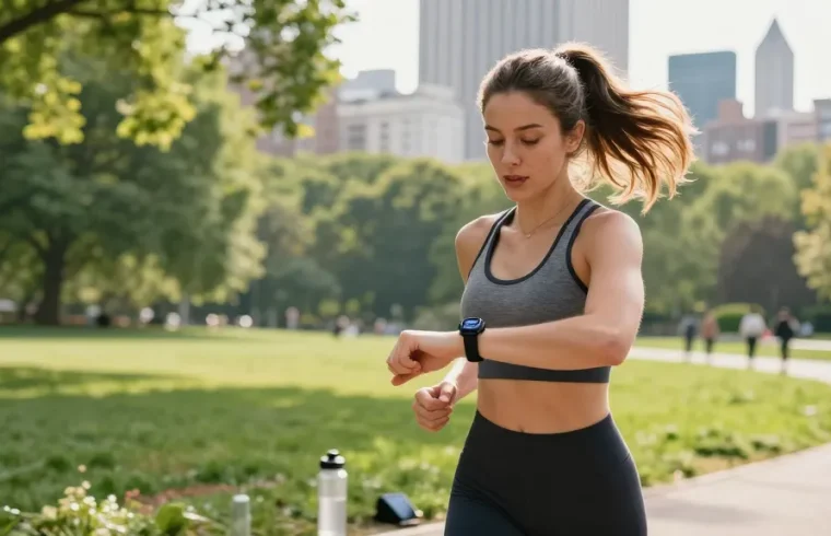 Aktivitas jogging di taman dengan Fitbit Luxe dari https://www.polarfitbitshop.com/fitbit-luxe/ di pergelangan tangan.