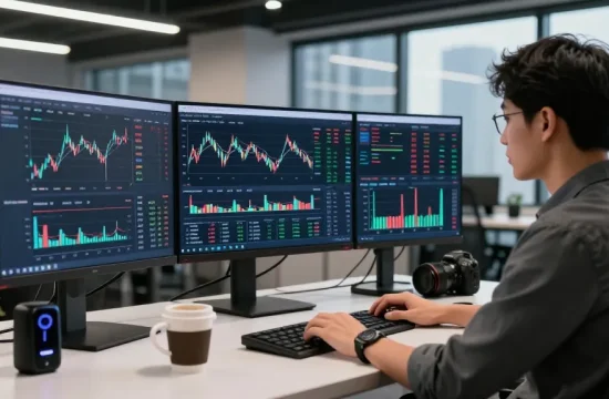 AiCoin 提供实时加密货币数据分析的开发者，专业化现代办公环境背景。