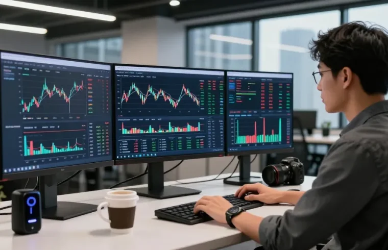 AiCoin 提供实时加密货币数据分析的开发者，专业化现代办公环境背景。
