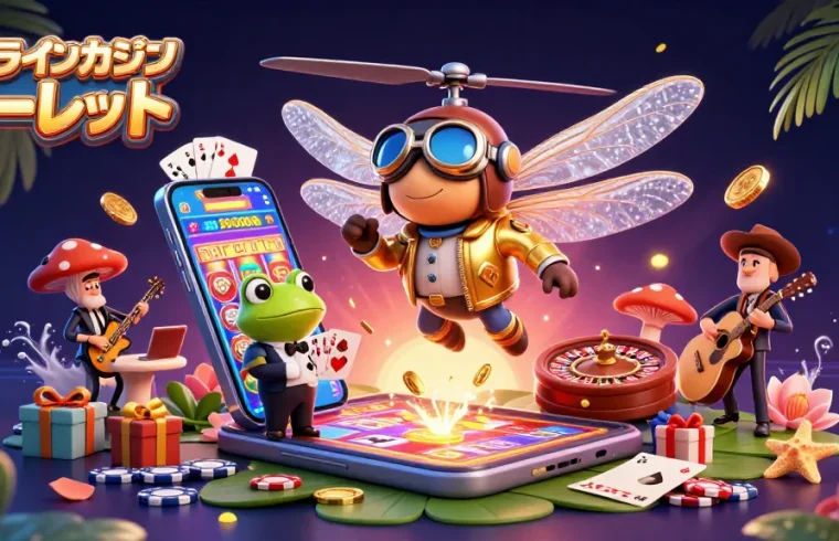 オンラインカジノ ルーレットで楽しくカードを配るカエルのディーラーとともにゲームを楽しむ様子。