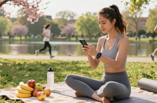 Logging meals with the best AI calorie tracker in a sunny park.