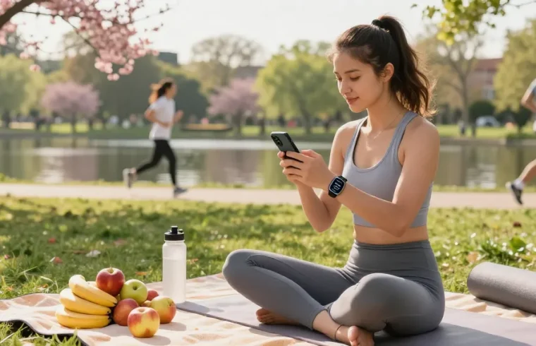 Logging meals with the best AI calorie tracker in a sunny park.