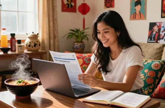 Youthful Hispanic woman enjoying content from https://hanadultalk.com in a cozy Asian-themed living room with ramen and notes.