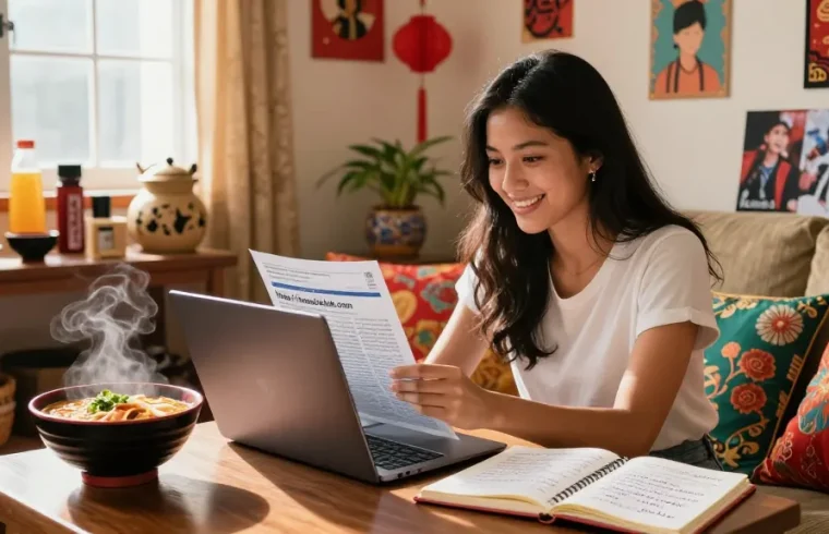 Youthful Hispanic woman enjoying content from https://hanadultalk.com in a cozy Asian-themed living room with ramen and notes.