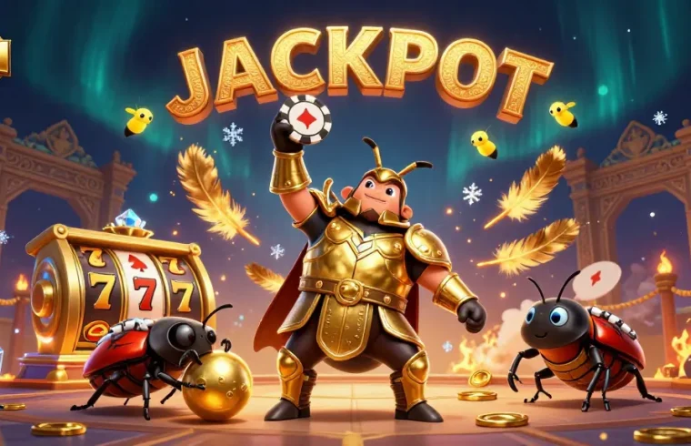 TK11 casino illustration with hercules beetle lifting a poker chip, showcasing vibrant casino elements.