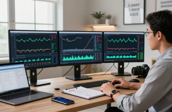 Trader working on MetaTrader 4 platform, analyzing forex charts and automated trading strategies in modern office.