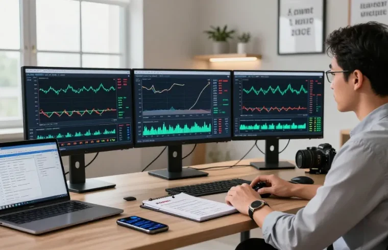 Trader working on MetaTrader 4 platform, analyzing forex charts and automated trading strategies in modern office.