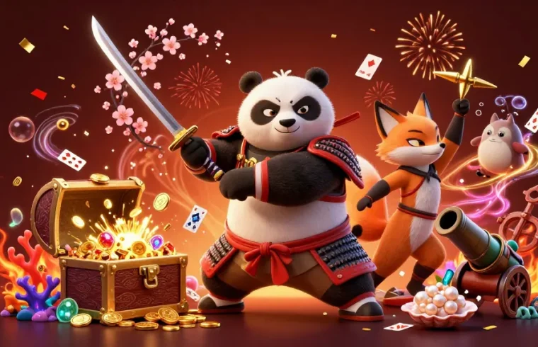 Engage with F168's thrilling casino experience as a panda warrior and ninja fox scatter treasures in an immersive 3D scene.