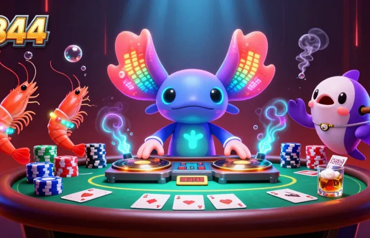 Experience the vibrant world of BB44 with a neon axolotl DJ and animated casino fun.