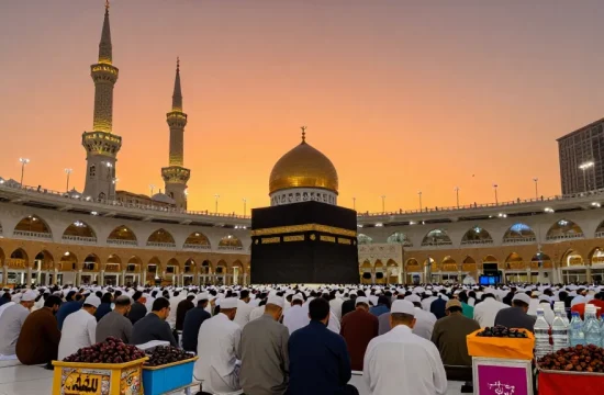 "Experience the sacred Umroh Full Ramadhan journey at Makkah's Grand Mosque, with pilgrims immersed in prayer and cultural traditions."