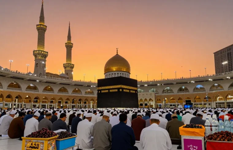 "Experience the sacred Umroh Full Ramadhan journey at Makkah's Grand Mosque, with pilgrims immersed in prayer and cultural traditions."