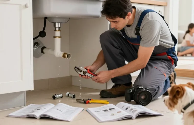 Emergency plumber in Leighton Buzzard fixing sink plumbing with tools in a warm kitchen setting.