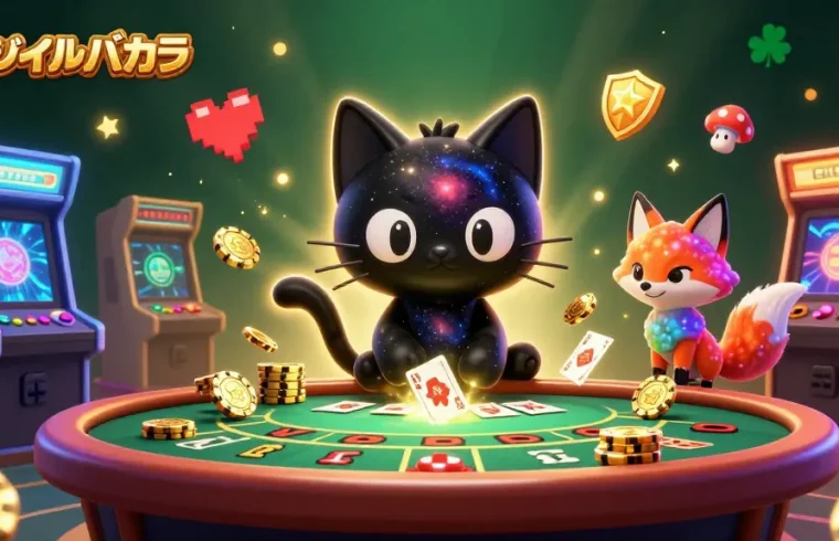 オンラインバカラで華やかな宇宙のカジノテーブルに魅了される黒い穴の猫のイラスト