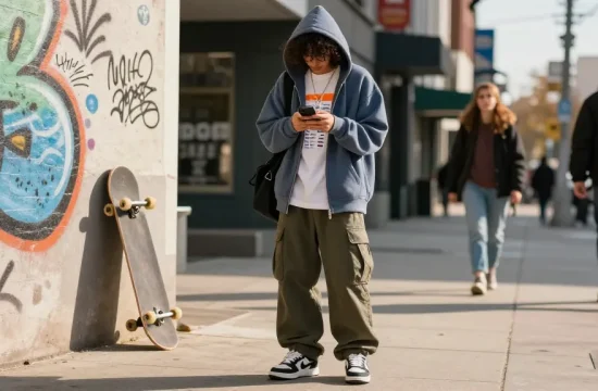 Individual exploring Acbuy spreadsheet deals in trendy streetwear on urban street.