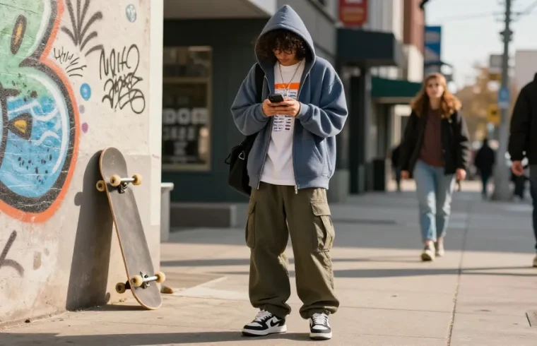 Individual exploring Acbuy spreadsheet deals in trendy streetwear on urban street.