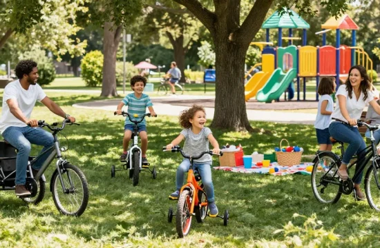 Family riding different tricycles in a park on a sunny day.