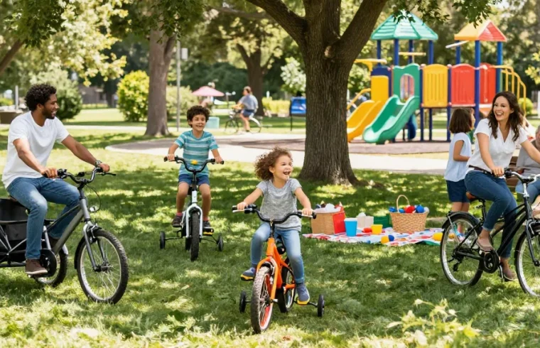 Family riding different tricycles in a park on a sunny day.